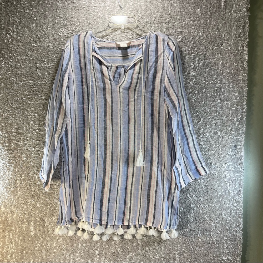 C&C California‎ Linen Tunic Cover Up Size Small Pullover Striped Tassels Beach